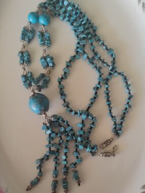 Turquoise Style Stone Handcrafted Multi-Strand Beaded Tassel Necklace - Blue